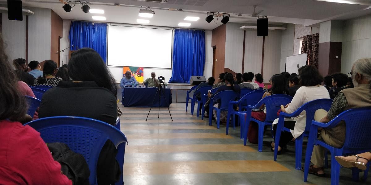 Perumal Murugan (right) at an event at St Joseph’s College (Autonomous), Langford Road.