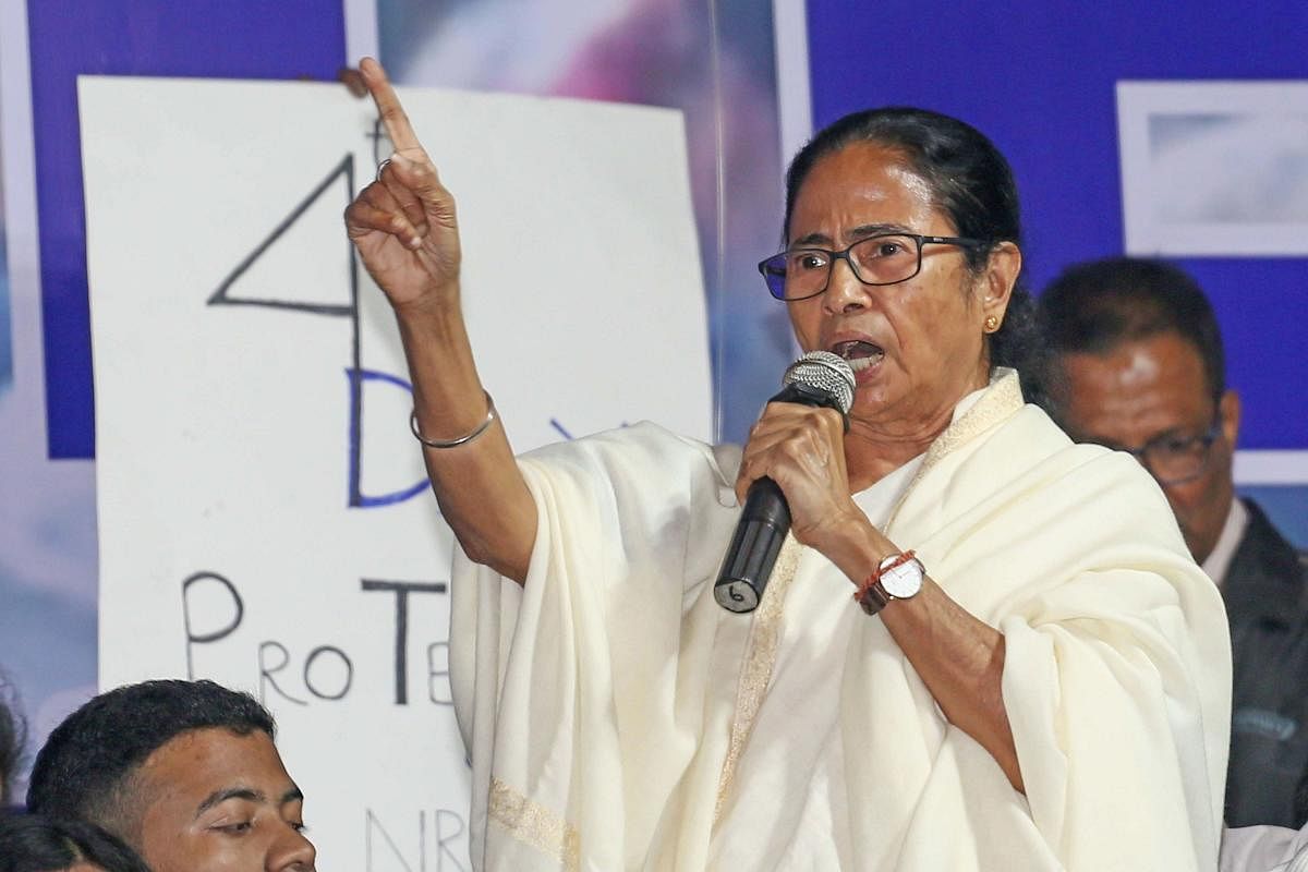 West Bengal Chief Minister Mamata Banerjee speaks during a march against CAA,NRC and NPR, in Kolkata, Monday, Jan. 13, 2020. (PTI Photo)