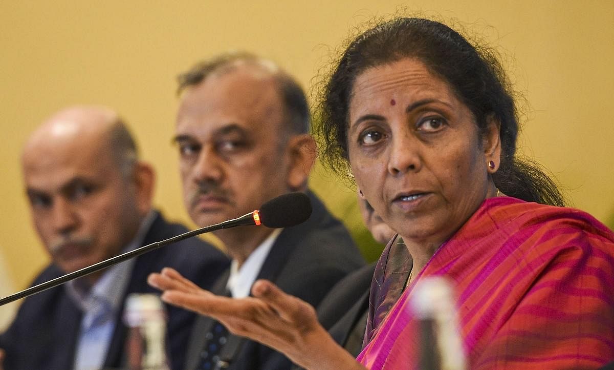 Union Minister for Finance and Corporate Affairs Nirmala Sitharaman addresses during a press meet, in Kolkata, Sunday, Feb. 9, 2020. (PTI Photo)