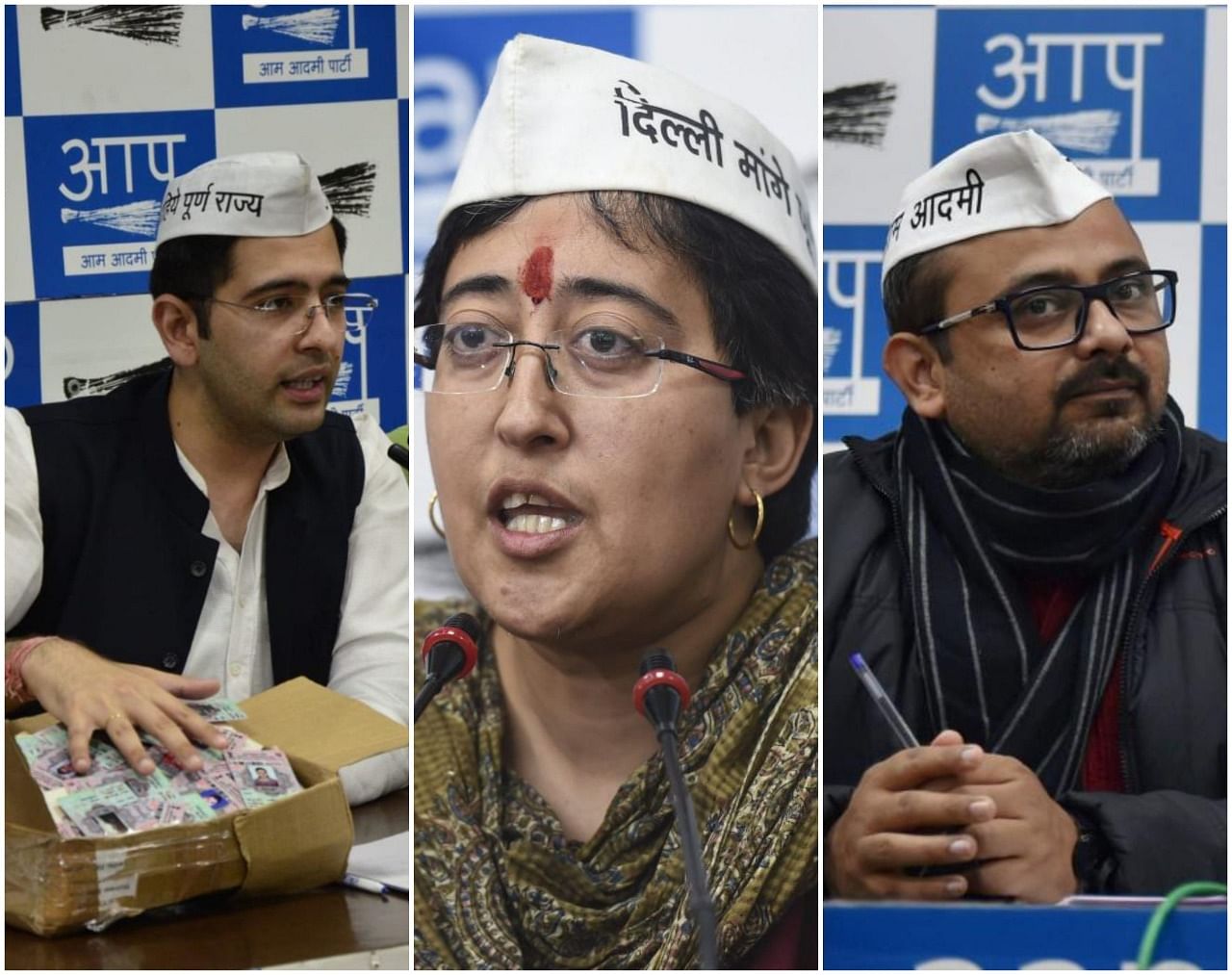 (L to R) AAP leaders Raghav Chadha, Atishi and Dilip Pandey. (PTI Photos)