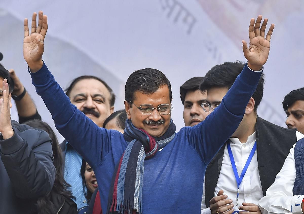 Delhi CM and AAP convenor Arvind Kejriwal addreses supporters after party's victory in the State Assembly polls, at AAP office in New Delhi, Tuesday, Feb. 11, 2020. (PTI Photo)