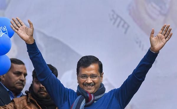 Delhi CM and AAP convenor Arvind Kejriwal during his address to supporters after party's victory in the State Assembly polls, at AAP office in New Delhi, Tuesday, Feb. 11, 2020. (PTI Photo/Ravi Choudhary)