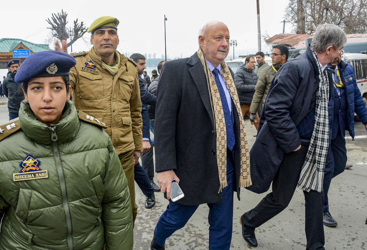 Members of 25 European Union Parlimentarian delegation walk on the banks of Dal Lake, in Srinagar, Wednesday, Feb. 12, 2020.  Credit: PTI Photo