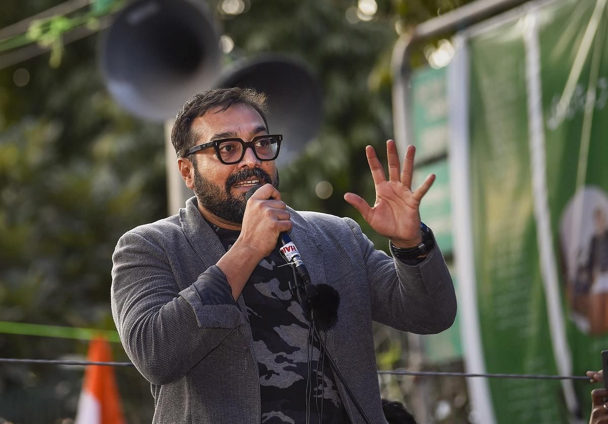 Film director Anurag Kashyap addresses demonstrators at Jamia during a protest against the Citizenship Amendment Act (CAA) and National Register of Citizens (NRC). (PTI Photo)