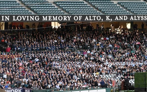 Members of the community attend a memorial service honoring baseball coach John Altobelli, his wife Keri and their daughter Alyssa at Angel Stadium of Anaheim on February 10, 2020 in Anaheim, California. (Getty images)