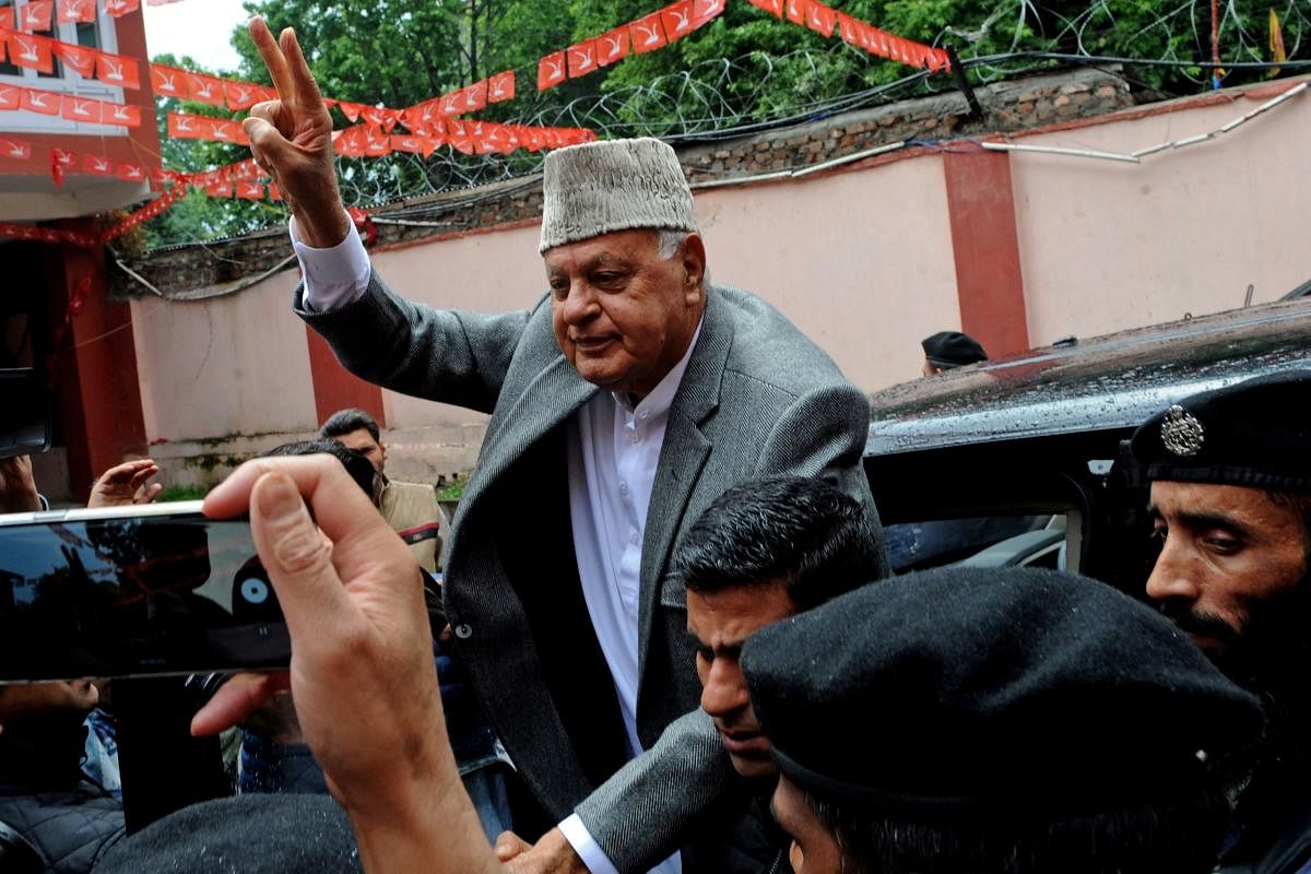 The NC's letter to  Jammu and Kashmir Chief Electoral Officer states that it is practically impossible for the party to participate in the election when its top leaders, including its president Farooq Abdullah (IN PIC), vice president Omar Abdullah, general secretary Ali Mohammed Sagar, are in detention under the stringent Public Safety Act. Credit: AFP Photo