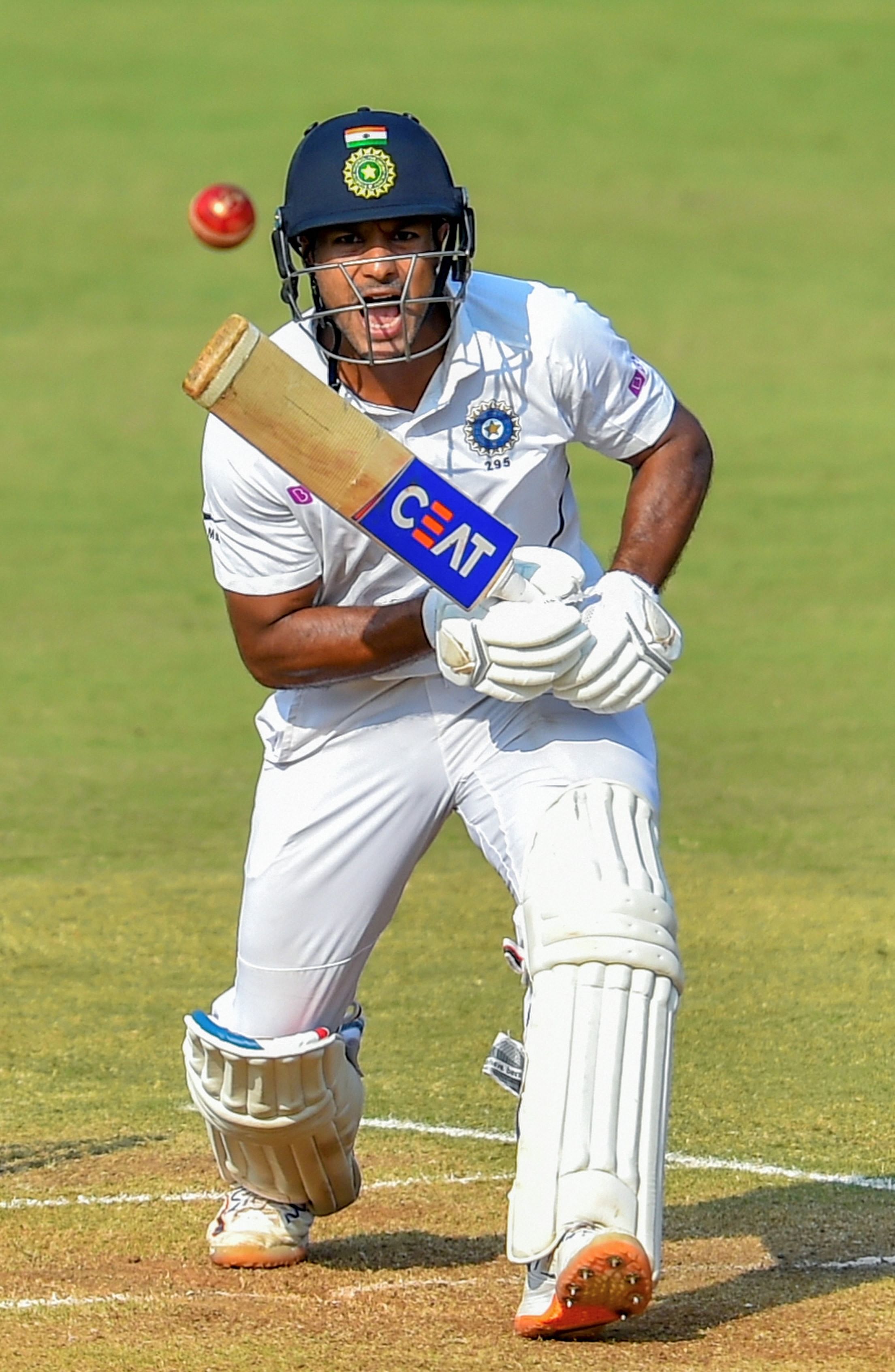 Indian batsman Mayank Agarwal plays a shot on the second day of the first cricket test match against Bangladesh, in Indore, Friday, Nov. 15, 2019. (Credit: PTI Photo)
