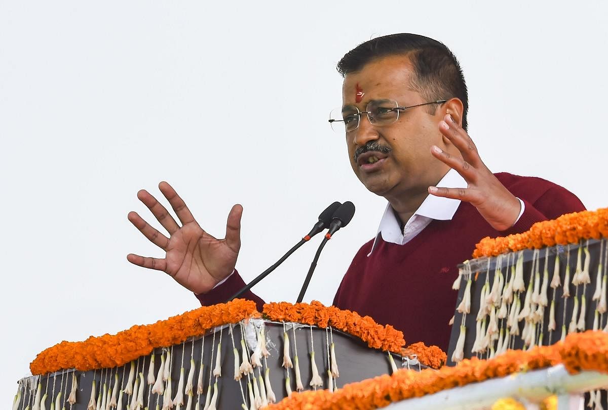 AAP chief Arvind Kejriwal addresses the crowd after he was sworn-in as the Chief Minister of Delhi for the third time, at a ceremony at Ramlila Maidan in New Delhi, Sunday, Feb. 16, 2020. (PTI Photo)