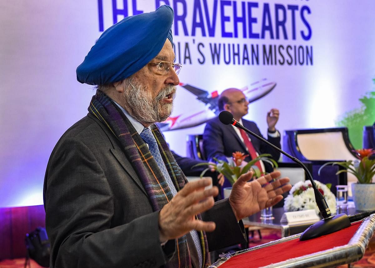 Minister of State for Housing and Urban Affairs Hardeep Singh Puri addresses during the distribution of Letters of Appreciation issued by PM at AAI Officer's club, in New Delhi, Monday, Feb. 17, 2020. (PTI Photo)