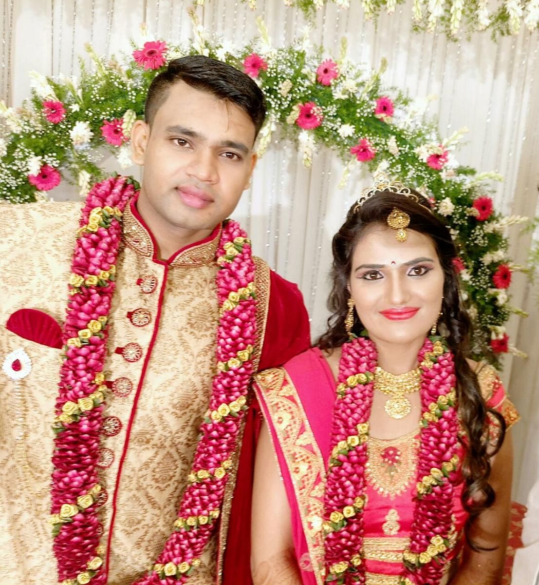 Sushmitha Raje with her husband Sharath Kumar at their wedding in July 2018. SPECIAL ARRANGEMENT