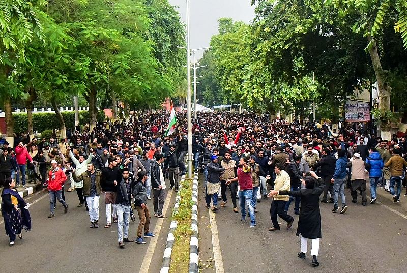 Aligarh Muslim University (AMU) students protest against the passing of Citizenship Amendment Bill. (PTI Photo)