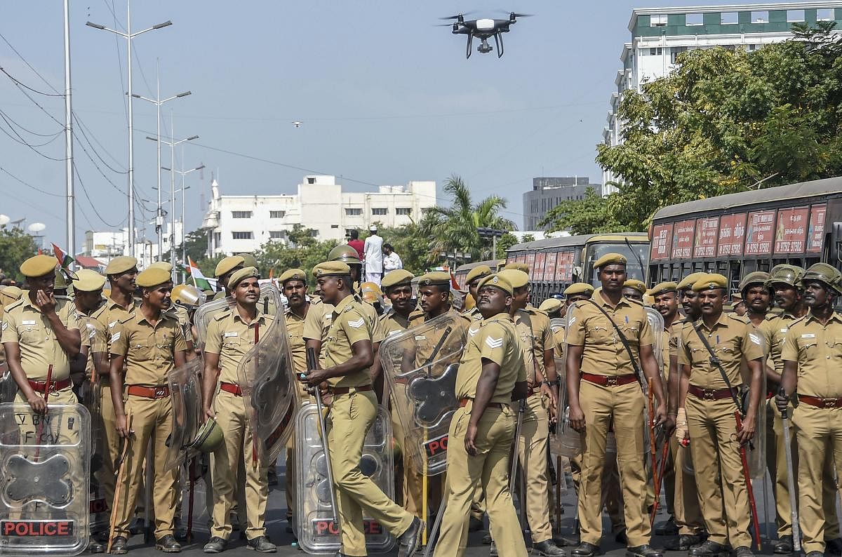 Police personnel use a drone for surveillance as members of various Muslim outfits and political parties take part in an anti-CAA rally, in Chennai, Wednesday, Feb. 19, 2020. (PTI Photo)
