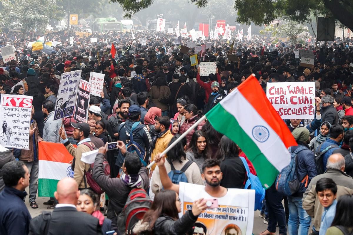 Demonstrators protest against a new citizenship law in Delhi. (Reuters Photo)