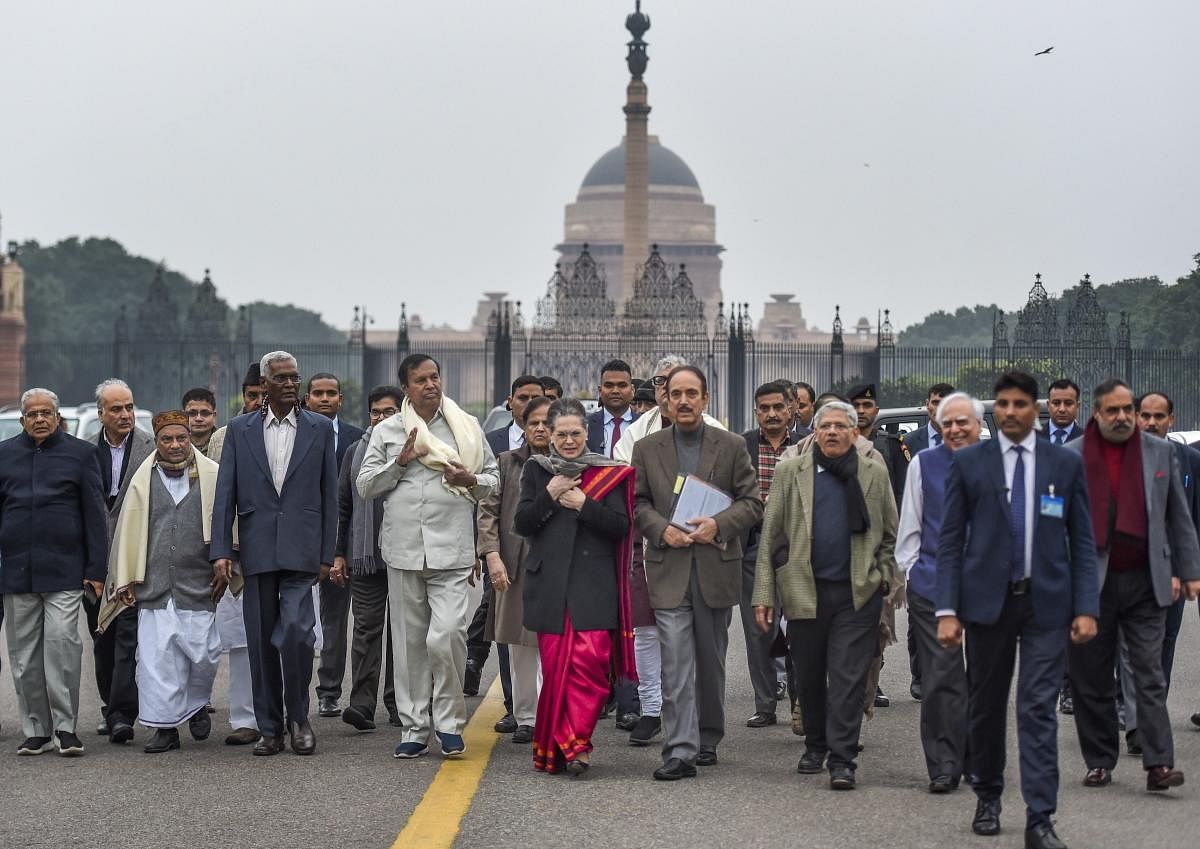 Congress interim president Sonia Gandhi along with party leader Ghulam Nabi Azad, CPI-M leader Sitaram Sitaram Yechury, DMK's TR Baalu and other opposition leaders after meeting President Ram Nath Kovind to register their protest over the police action on students of Jamia Millia Islamia and Aligarh Muslim University and repeal the Citizenship Amendment Act, at the Rashtrapati Bhavan in New Delhi, Tuesday, Dec. 17, 2019. (PTI Photo)