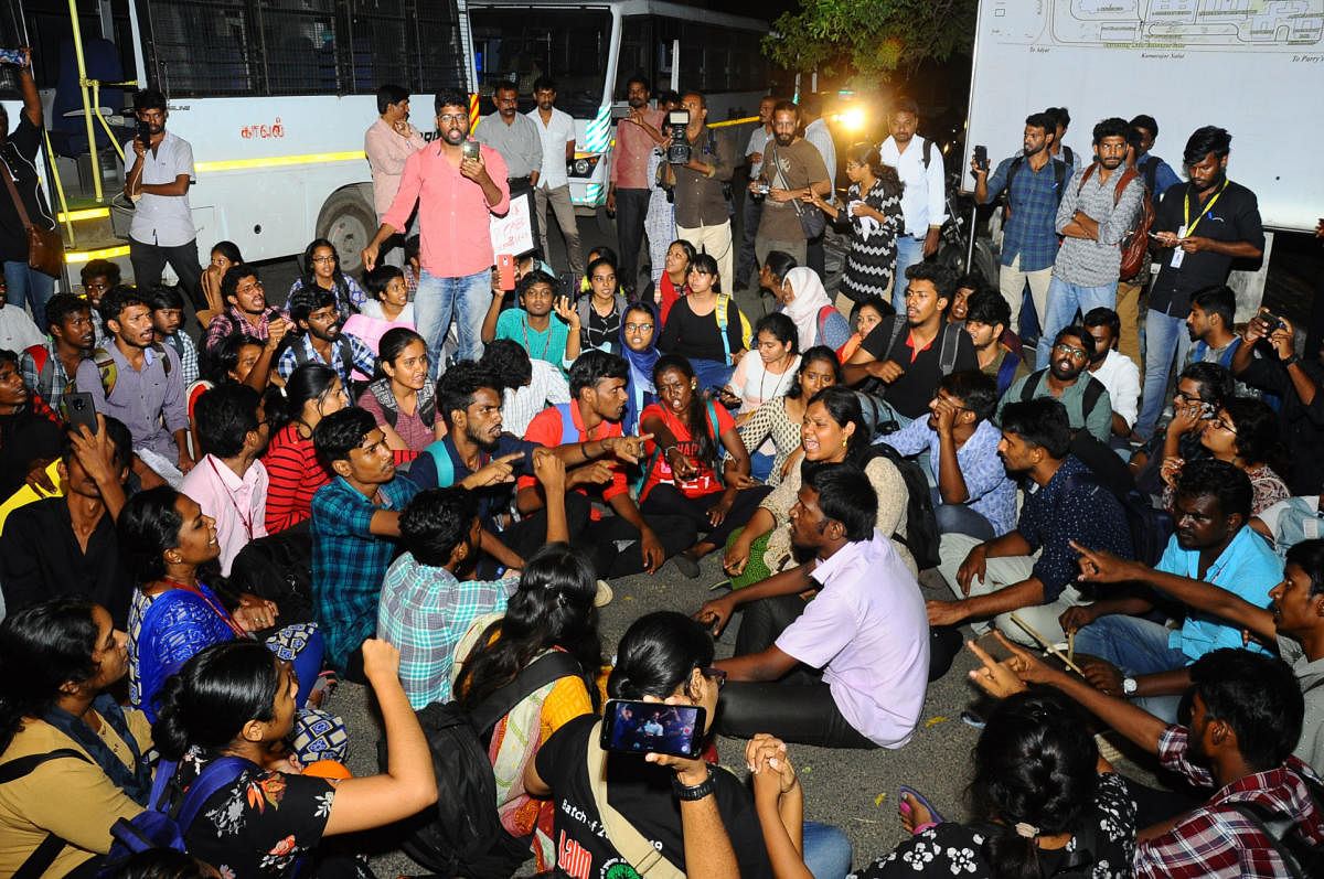 Police sources said Karthikeyan and Subbiah were picked up police as they were asking students from the Tata Institute of Social Sciences, who held a separate protest on the Marina Beach, to come to their campus. “They were taken just for questioning,” a police officer said. (PTI Photo)