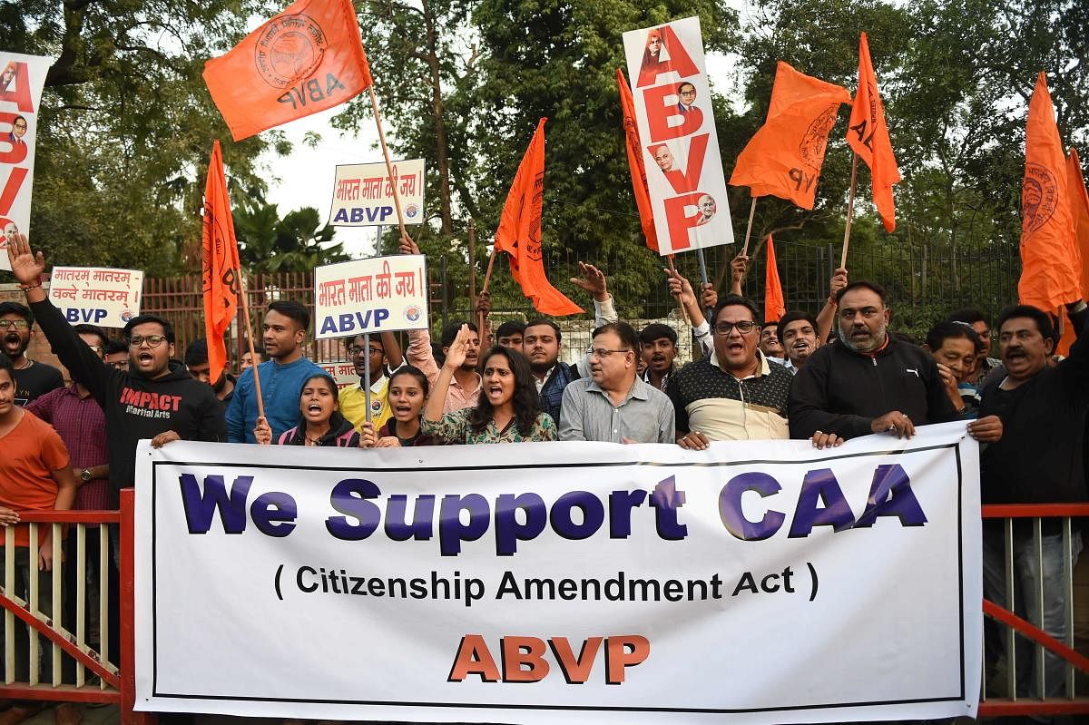 The Jawaharlal Nehru University (JNU) unit of the Akhil Bharatiya Vidyarthi Parishad (ABVP), joined by a section of teachers, on Wednesday took out a march in the university campus in solidarity with the amended citizenship law. (PI Photo)