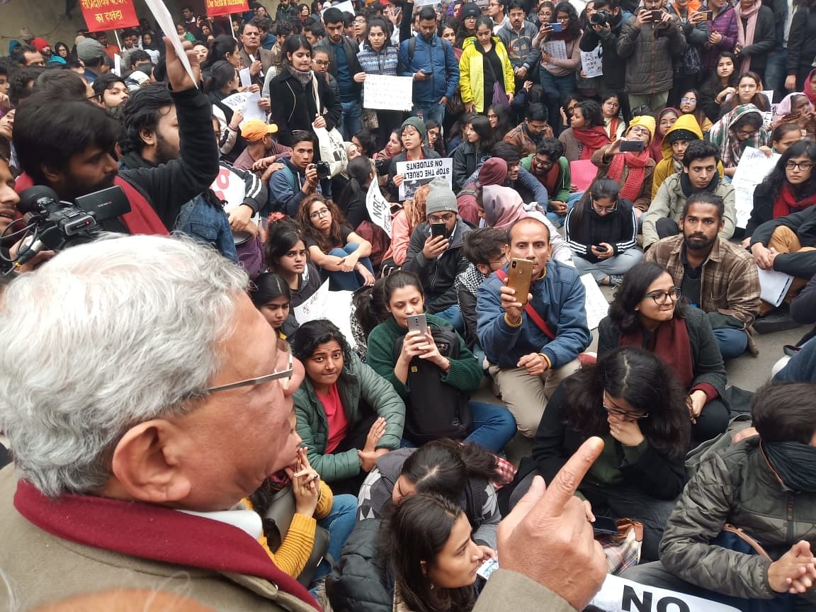 Left leader Sitaram Yechury who was detained near the Red Fort where the two demonstrations were planned to be held, was back at Jantar Mantar after his release. Photo/Twitter (@cpimspeak)