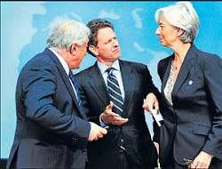 (From left) IMF Managing Director Dominique Strauss-Kahn with US Treasury Secretary Tim Geithner & Frances Finance Minister Christine Lagarde in Washington at the G-20 meet on Friday. AFP