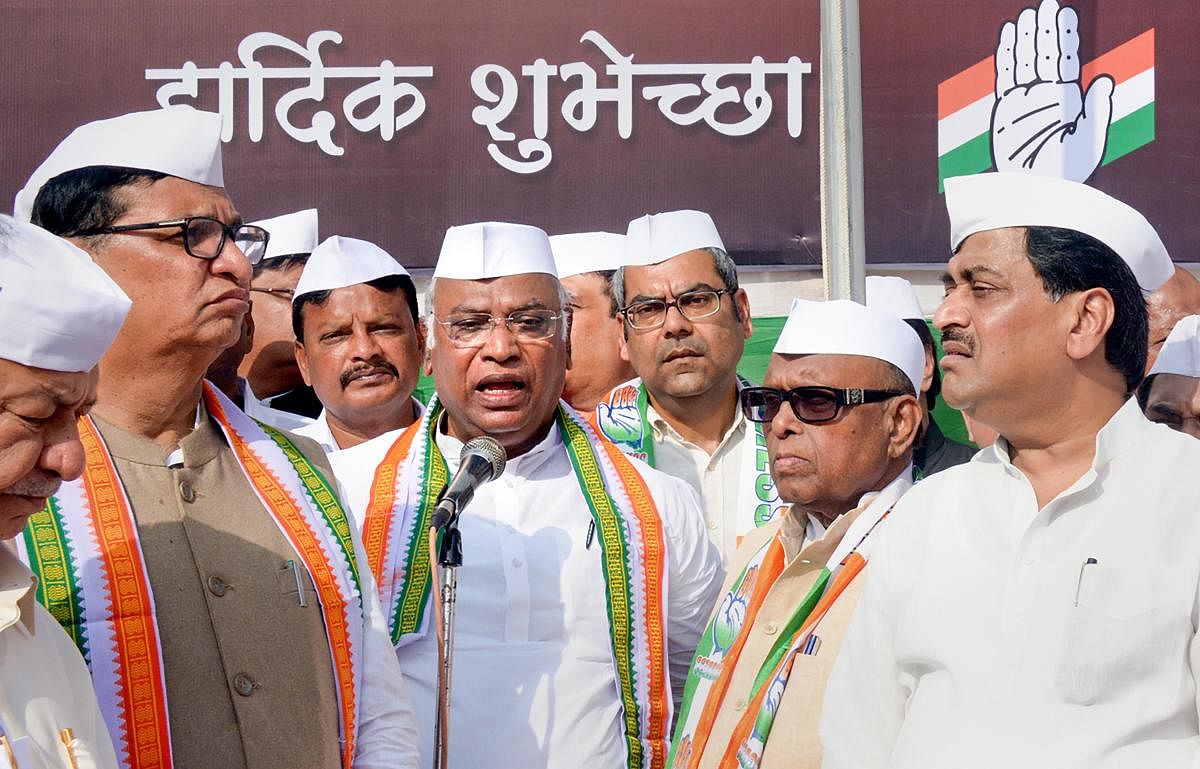 Congress leaders Sushil Kumar Shinde, Balasaheb Thorat, Mallikarjun Kharge, Eknath Gaikwad, former CM Ashok Chavan and others during the party's 135th foundation day in Mumbai. PTI