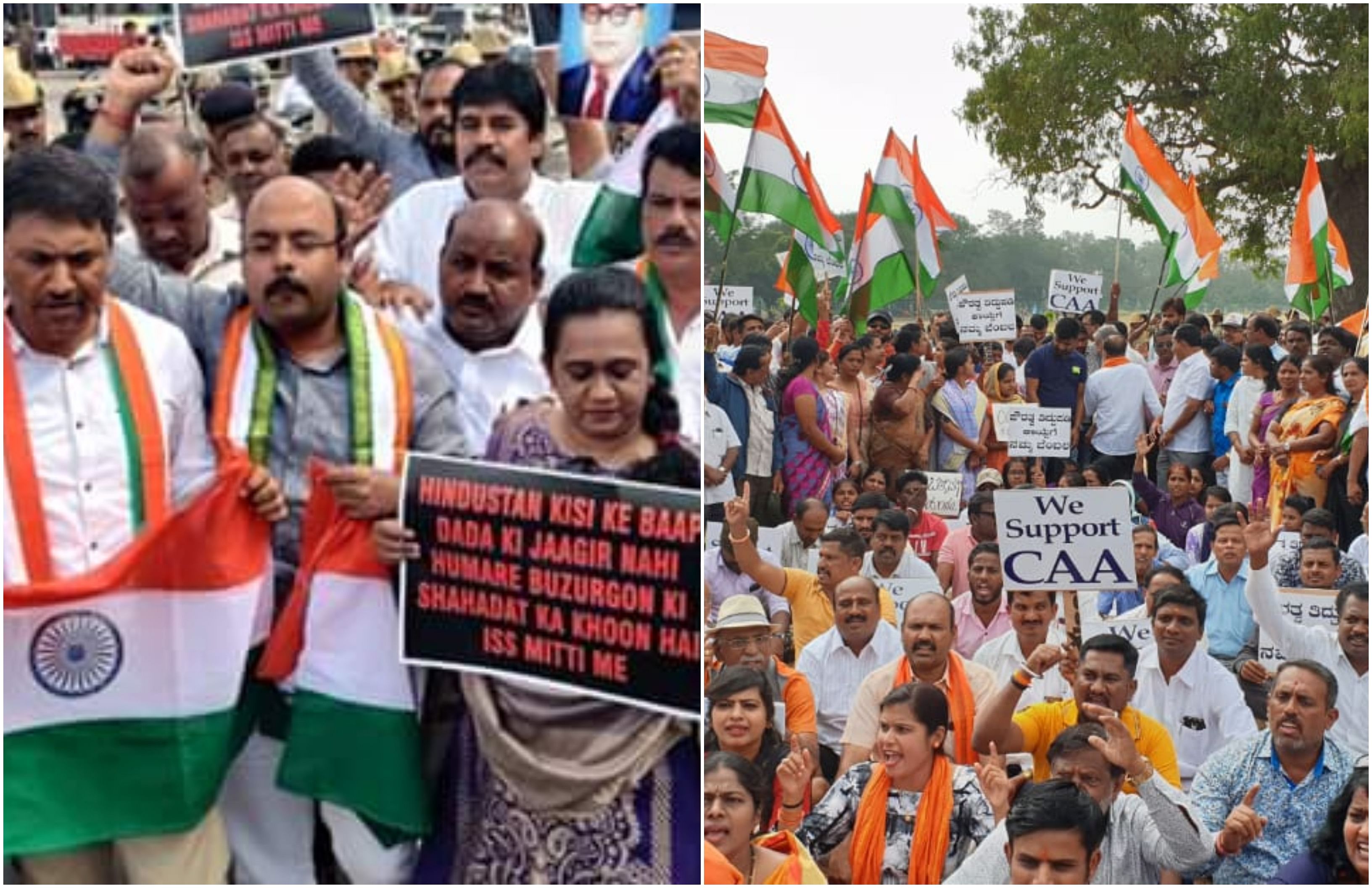 District (Rural) Congress leaders demonstrated against the CAA at Gandhi Square. MLA Dr Yathindra Siddaramaiah ( said the protests will continue until the Union government withdraw CAA (Left)  BJP workers and the members of various organisation gathered at Oval Ground in support of CAA. (Right). Photo/Twitter (@drsarahumer, @DharmaSL)