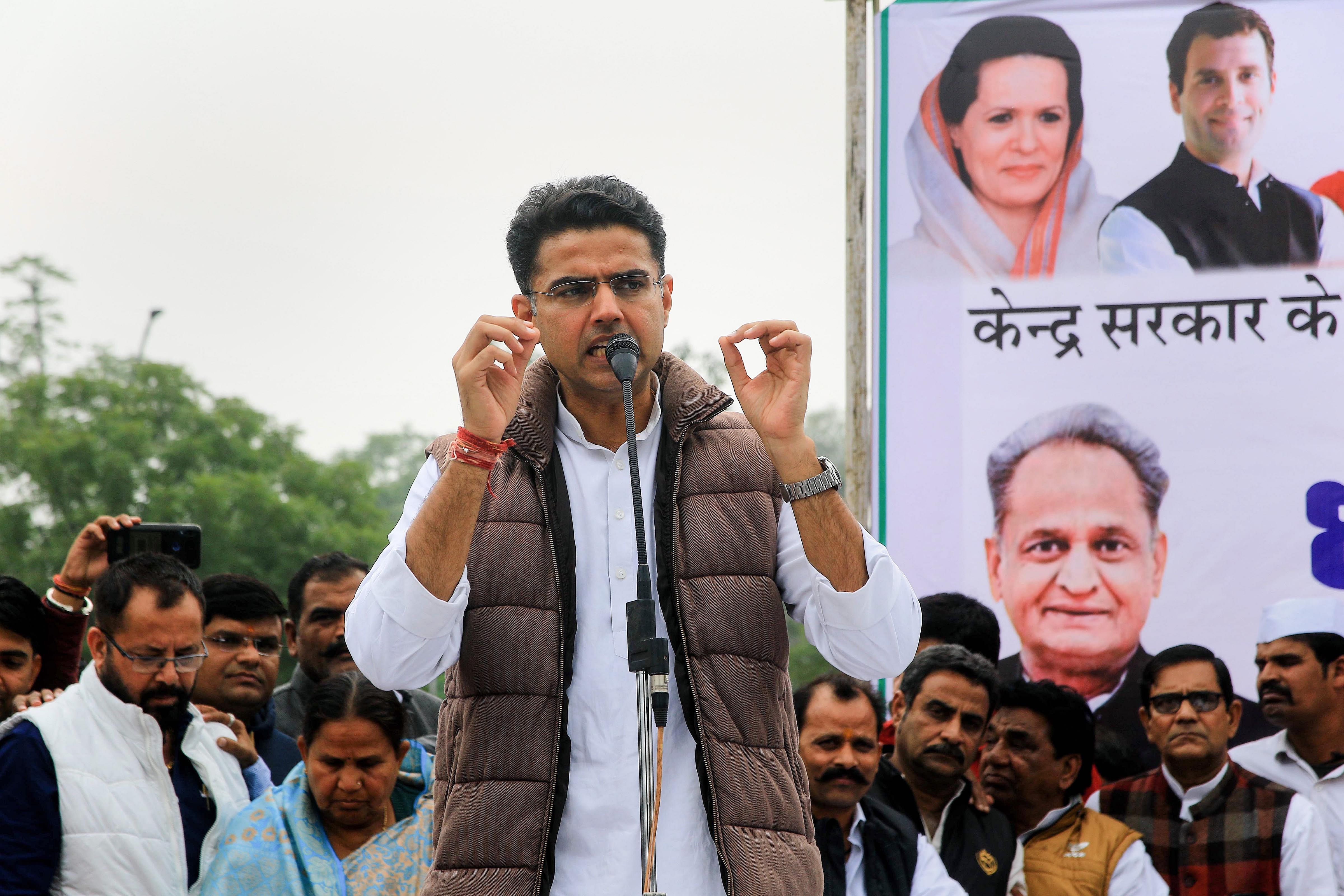 Rajasthan Deputy Chief Minister and Congress leader Sachin Pilot addresses party leaders and workers during a protest against the Citizenship Amendment Bill (CAB) at Gandhi Circle in Jaipur. (PTI Photo)