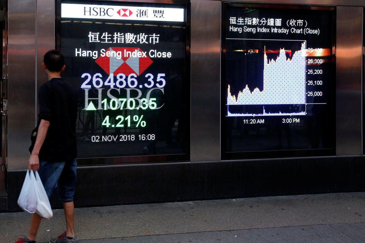 A panel displays the closing Hang Seng Index in Hong Kong. (REUTERS)