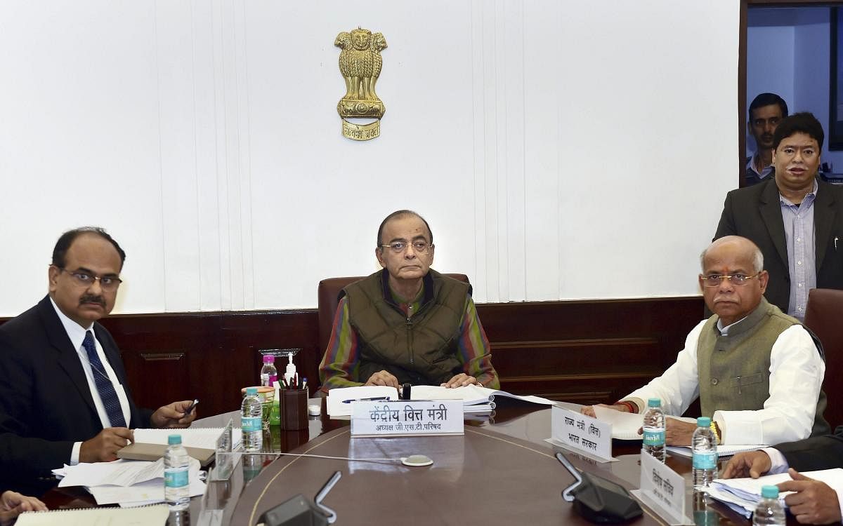 New Delhi: Finance Minister Arun Jaitley, Minister of State for Finance Shiv Pratap Shukla and Revenue Secretary Ajay Bhushan Pandey during the 33rd Goods and Services Tax (GST) Council meeting at North Block in New Delhi, Wednesday, Feb 20, 2019. (PTI Ph