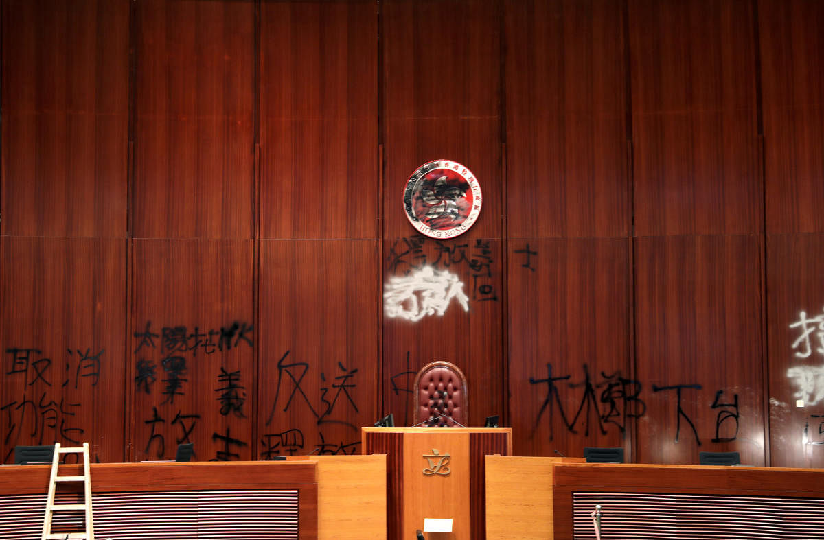 A view shows damages inside the Legislative Council building after protesters stormed it during a demonstration on the anniversary of Hong Kong's handover to China, in Hong Kong, China July 3, 2019. REUTERS