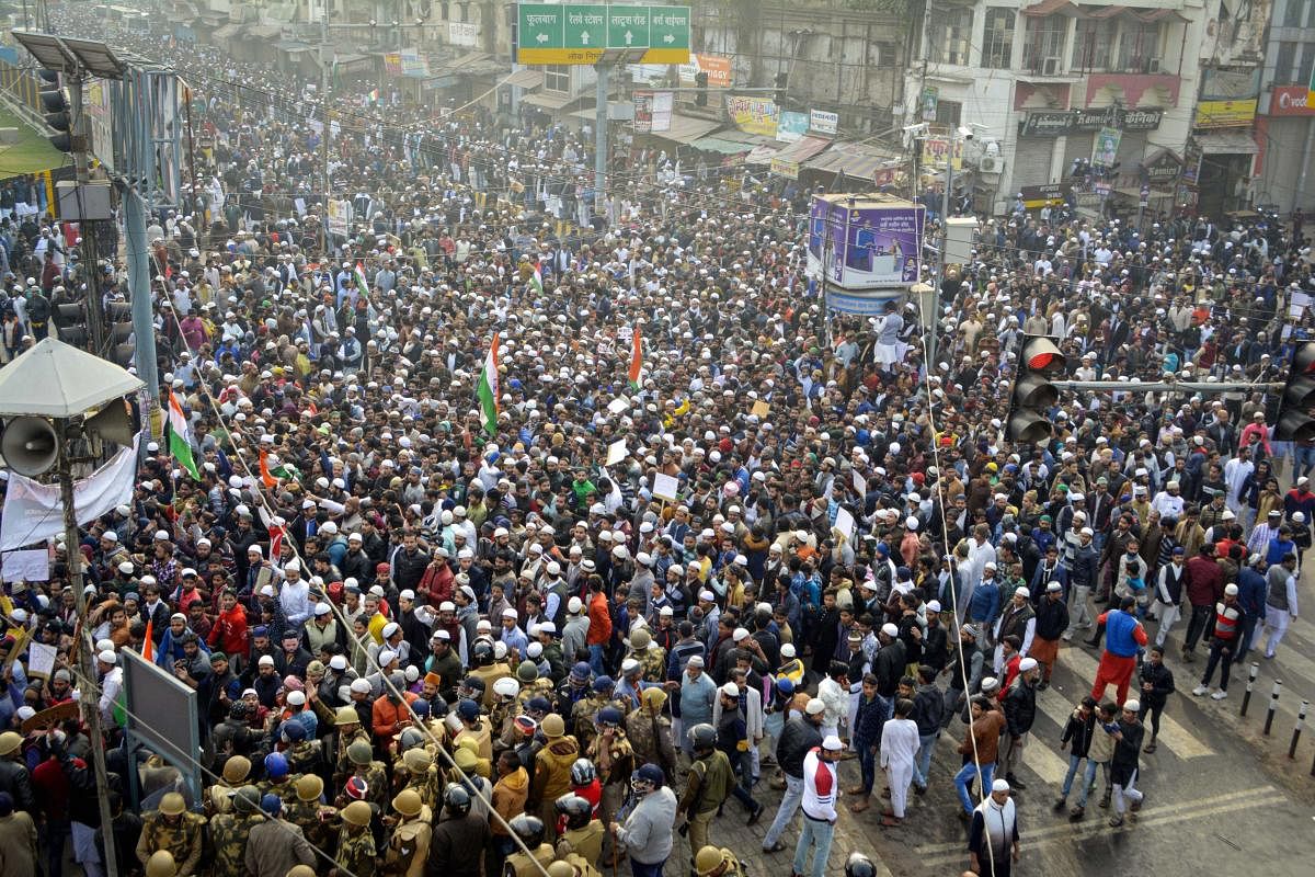 Protestors participate in a rally against the Citizenship (Amendment) Act, in Kanpur. (PTI Photo)