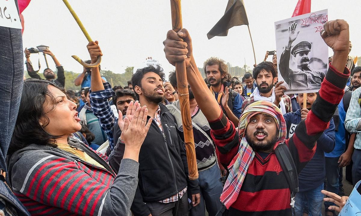 Jadavpur, Presidency and other college university students take part in a protest rally against NRC, CAA in Kolkata , Saturday, Dec. 21, 2019. Photo/PTI
