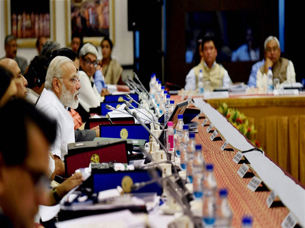 Prime Minister Narendra Modi chairing the 3rd Governing Council Meet of the NITI Aayog, in New Delhi on Sunday. PTI Photo