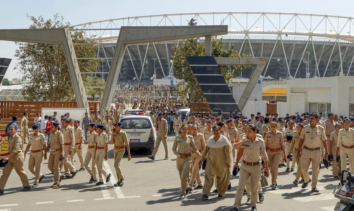 Gujarat police deployed at Motera cricket stadium, where PM Modi and US President Donald Trump are scheduled to jointly address a gathering, ‘Namaste Trump’, in Ahmedabad, Thursday, Feb. 20, 2020. (PTI Photo)