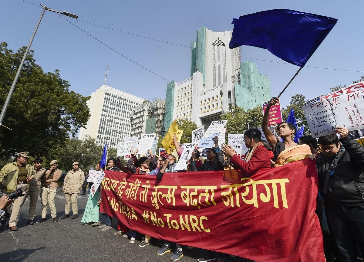 Protestors from women, trans and queer groups during a protest march from Mandi House to Jantar Mantar against the amended Citizenship Act, NRC and NPR. (PTI Photo)