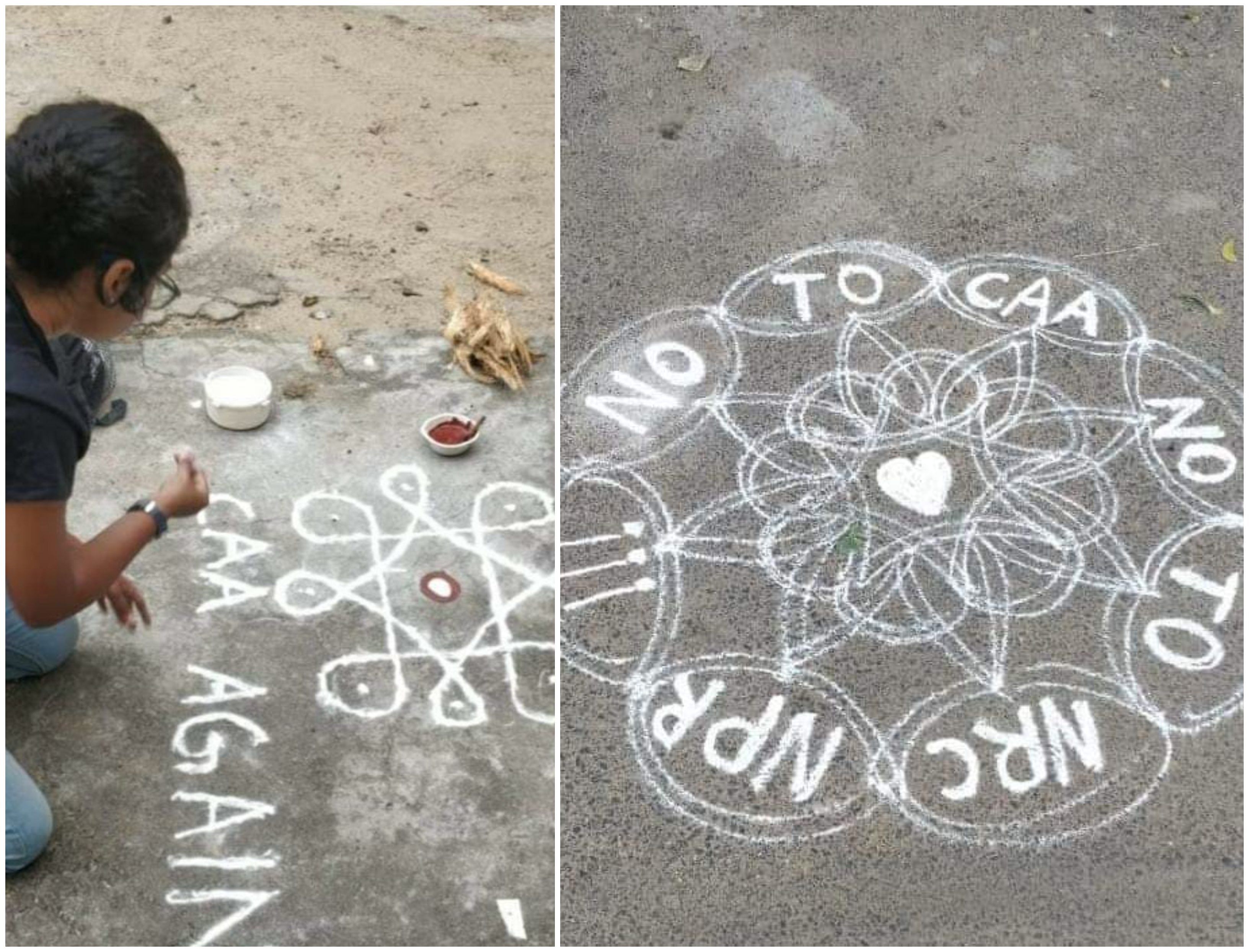 The women had gathered at Besant Nagar on Sunday morning and drew kolams (rangolis) with words like “No to CAA, no to NRC”.