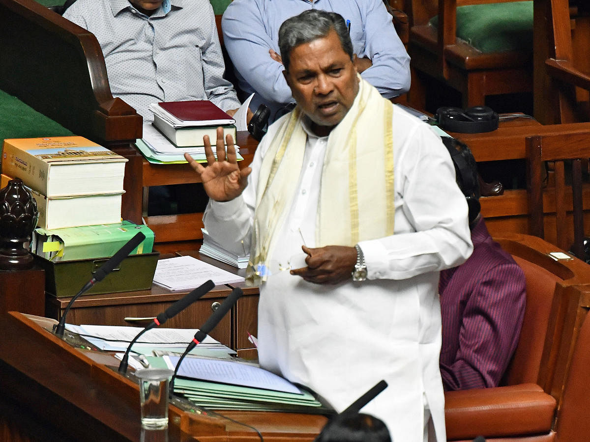 Leader of the Opposition Siddaramaiah makes a speech in the Assembly on Thursday.