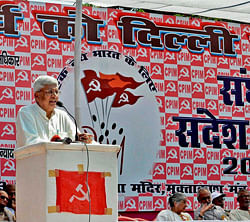 CPI-M General Secretary Prakash Karat addressing his supporters during Sangharsh Sandesh Jatha march in Patna on Sunday. PTI Photo