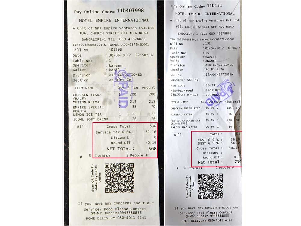 Restaurant bills (left) before and after GST. DH photo/S K Dinesh