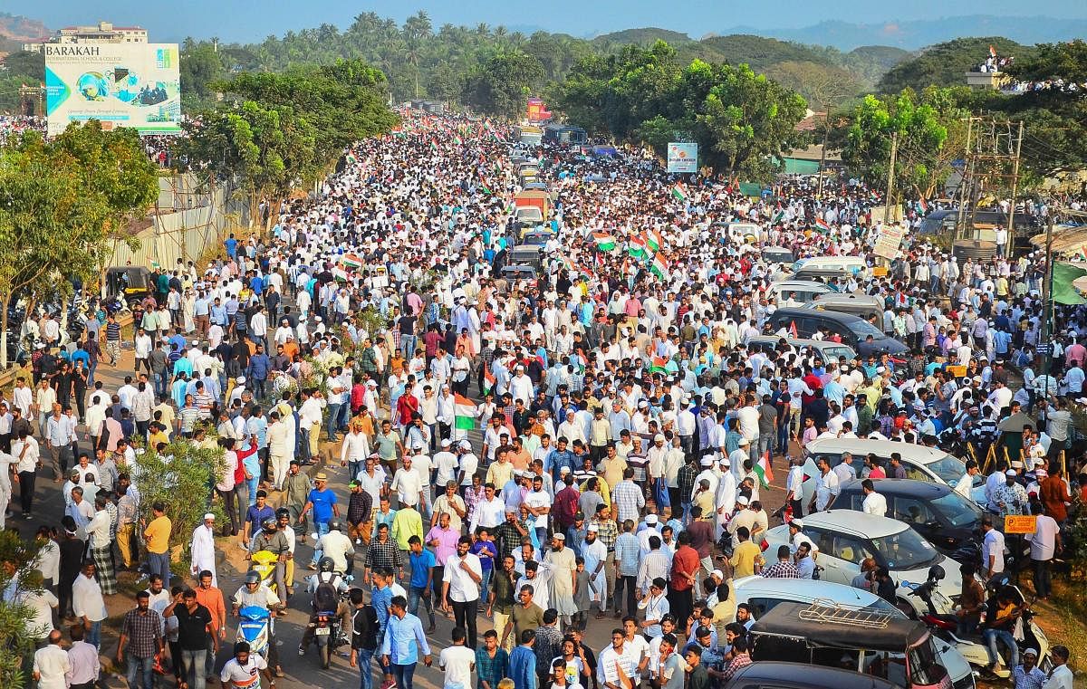  Protestors during a demonstration against CAA in Mangaluru, Karnataka. (PTI Photo)