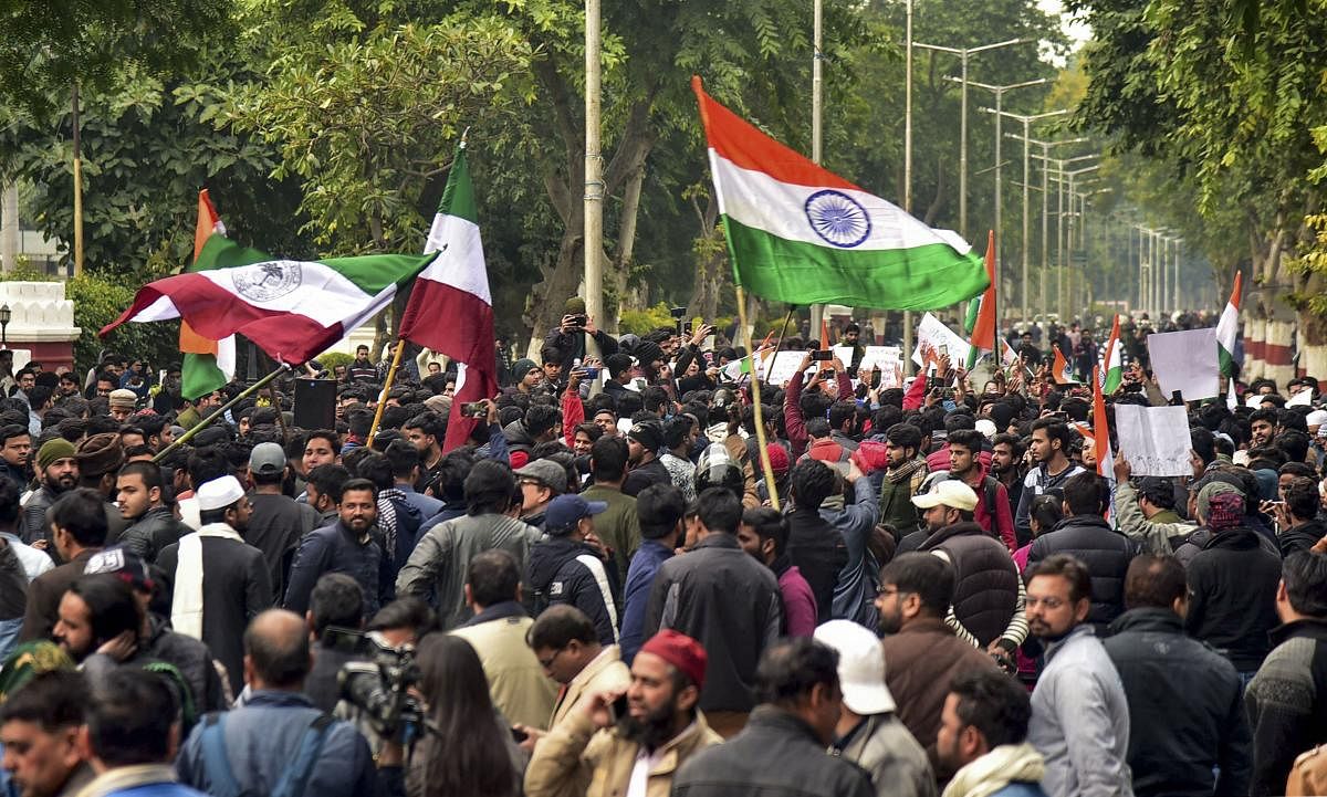 Students protest against  Citizenship (Amendment) Act (CAA), in Aligarh. (Credit: PTI)