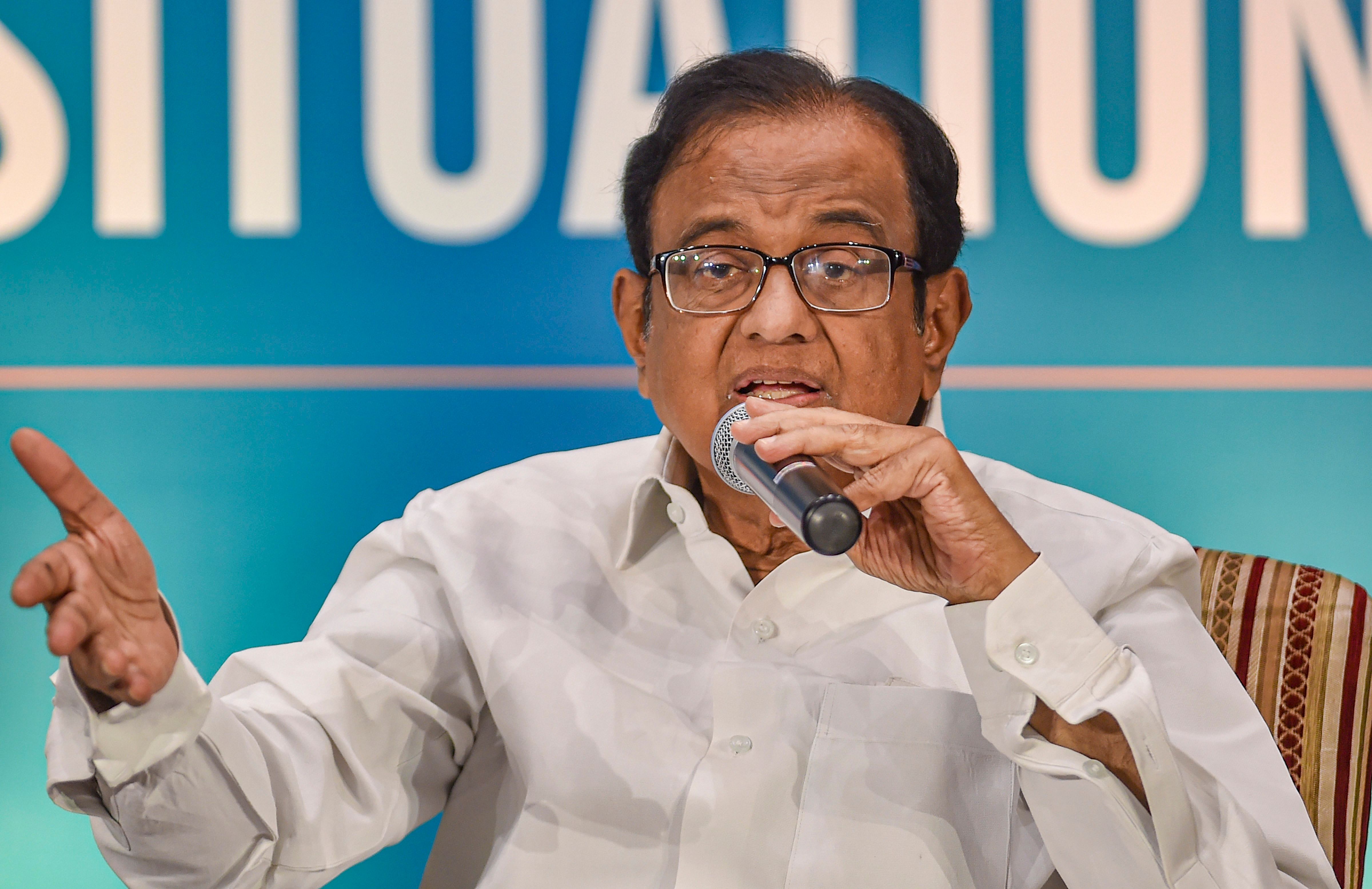 Former finance minister P. Chidambaram speaks on 'Current National Situation' at a programme in Chennai. (PTI Photo)