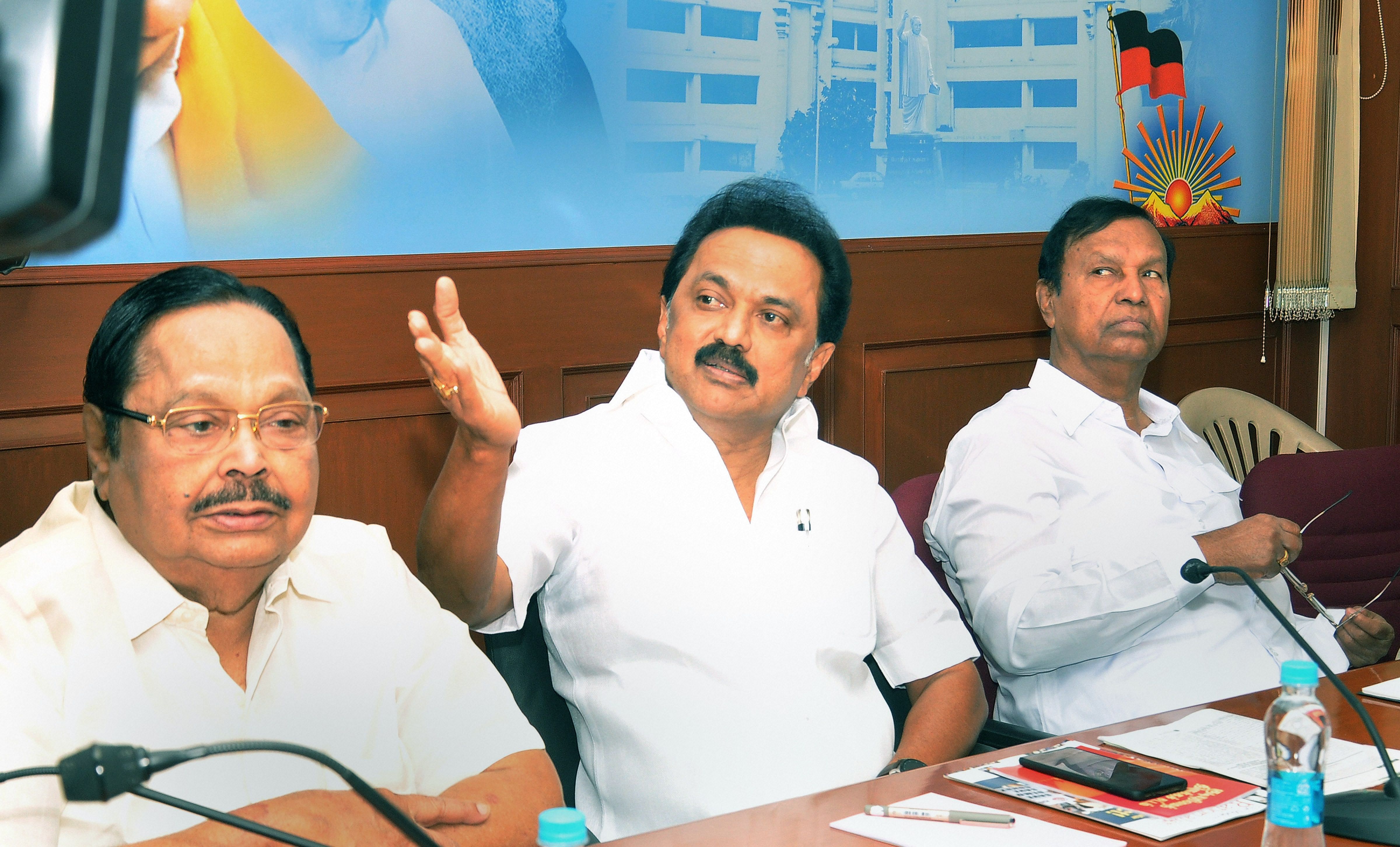 DMK President M K Stalin (C), party leader TR Baalu (L) and Durai Murgan during a meeting with alliance party leaders on the Citizenship Amendment Act (CAA), in Chennai. (PTI Photo)