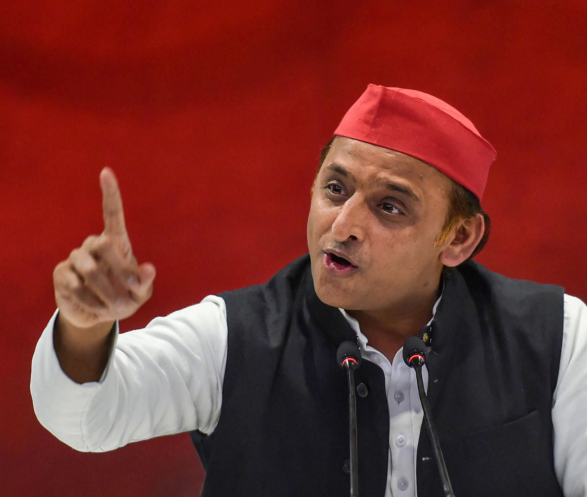 Samajwadi Party National President Akhilesh Yadav addresses a press conference at party office, in Lucknow, Tuesday, Feb. 18, 2020. (PTI Photo)