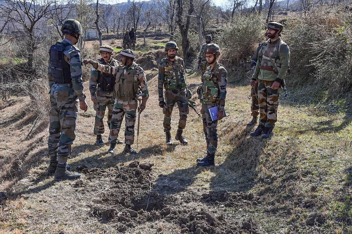 Indian army personnel during a search and cordon operation after villagers reported presence of mortal shells, in Poonch district of Jammu and Kashmir, Monday, Feb. 17, 2020. (PTI Photo)