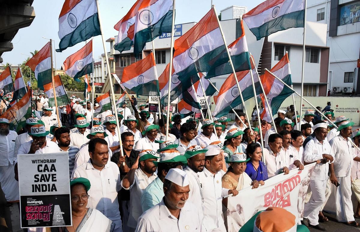 Congress supporters participate in a march against CAA, NRC and NPR in Kochi, Friday, Jan. 10, 2020. Credit: PTI