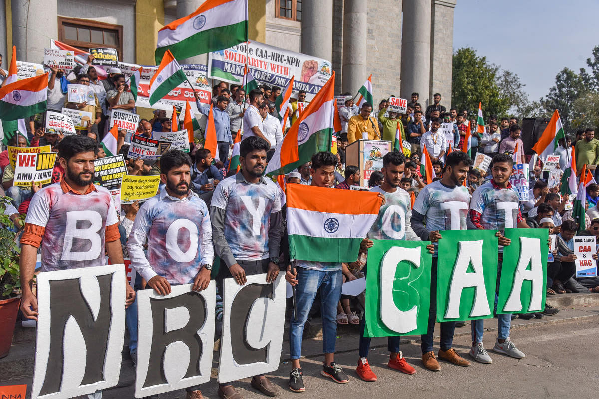A protest against CAA, NRR and NPR at the Town Hall in Bengaluru. DH FILE PHOTO