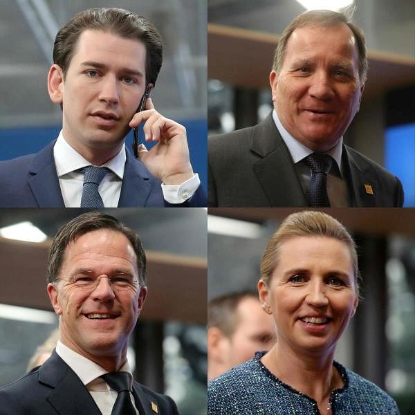 This combination of pictures created on February 21, 2020 shows Heads of self-styled "frugal" nations Austria's Chancellor Sebastian Kurz (topL) Sweden's Prime Minister Stefan Lofven, Netherlands' Prime Minister Mark Rutte (bottom L) and Denmark's Prime Minister Mette Frederiksen arriving for the second day of a special European Council summit in Brussels on February 21, 2020, held to discuss the next long-term budget of the European Union (EU). (AFP Photo)