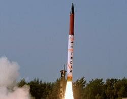 Agni -IV, a strategic nuclear capable missile, being test fired at Wheeler Island, off the Orissa coast on Tuesday. PTI