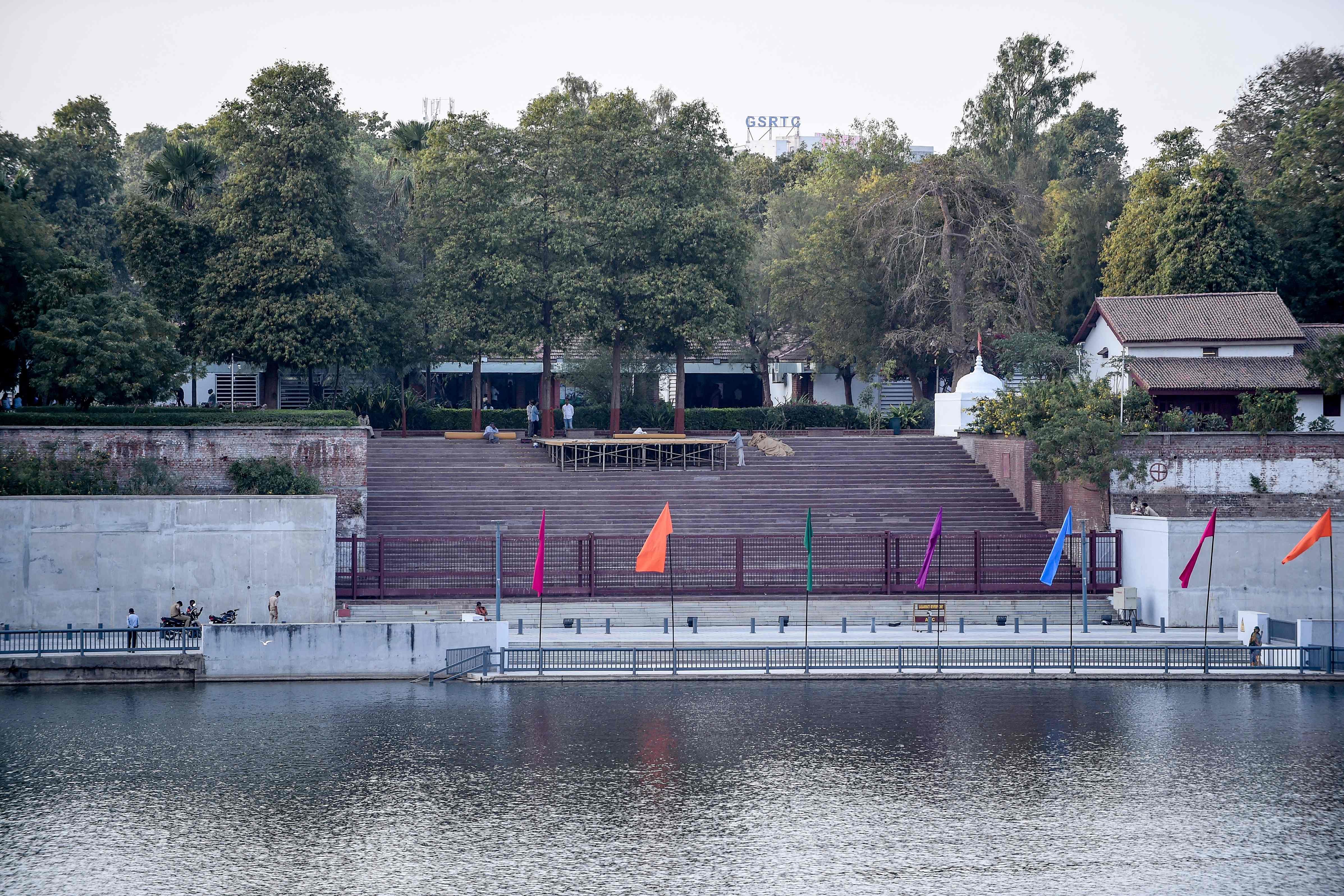 A general view of the incomplete stage is pictured at the Mahatma Gandhi Ashram, also known as Sabarmati Ashram. (AFP Photo)