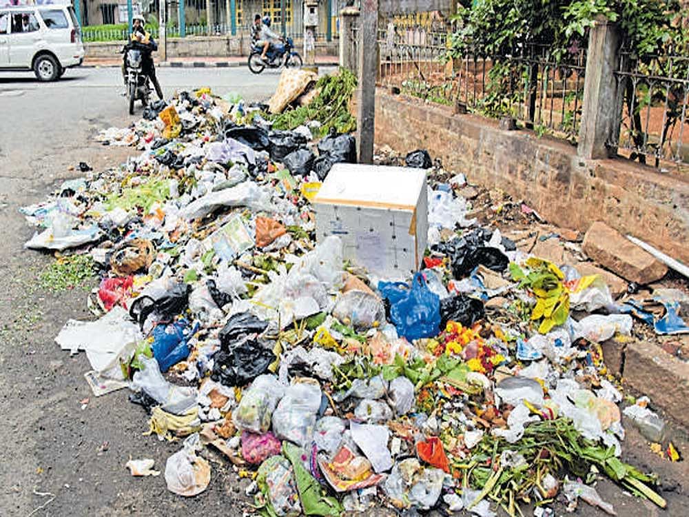 Garbage dumped on 1st main road, Vasanthnagar, Bengaluru on Monday. DH photo/Janardhan B K