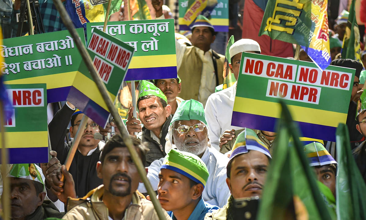 Peace Party supporters and activists take part in a protest rally against the CAA and NRC at Jantar Mantar, in New Delhi, Wednesday, Feb. 18, 2020. (PTI Photo)